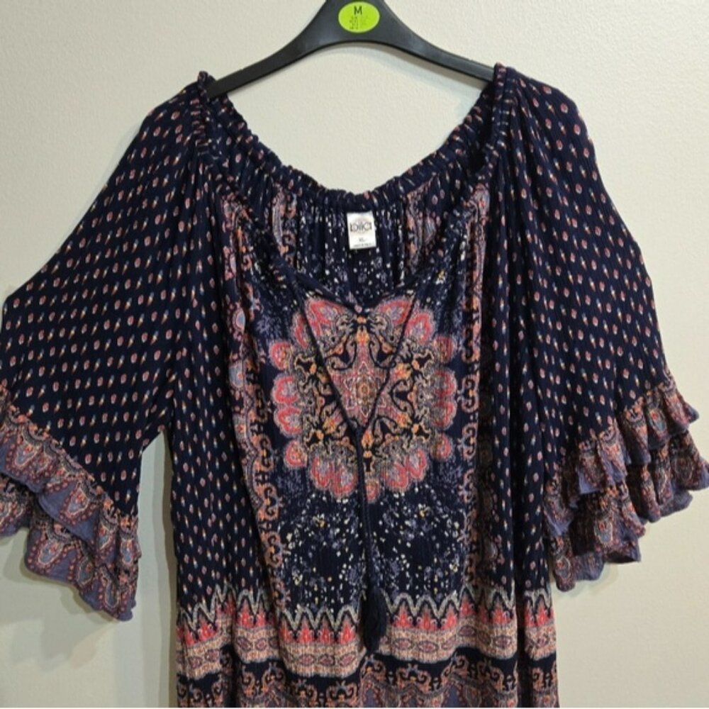 Bila Blue Floral Boho Peasant Blouse Sz XL